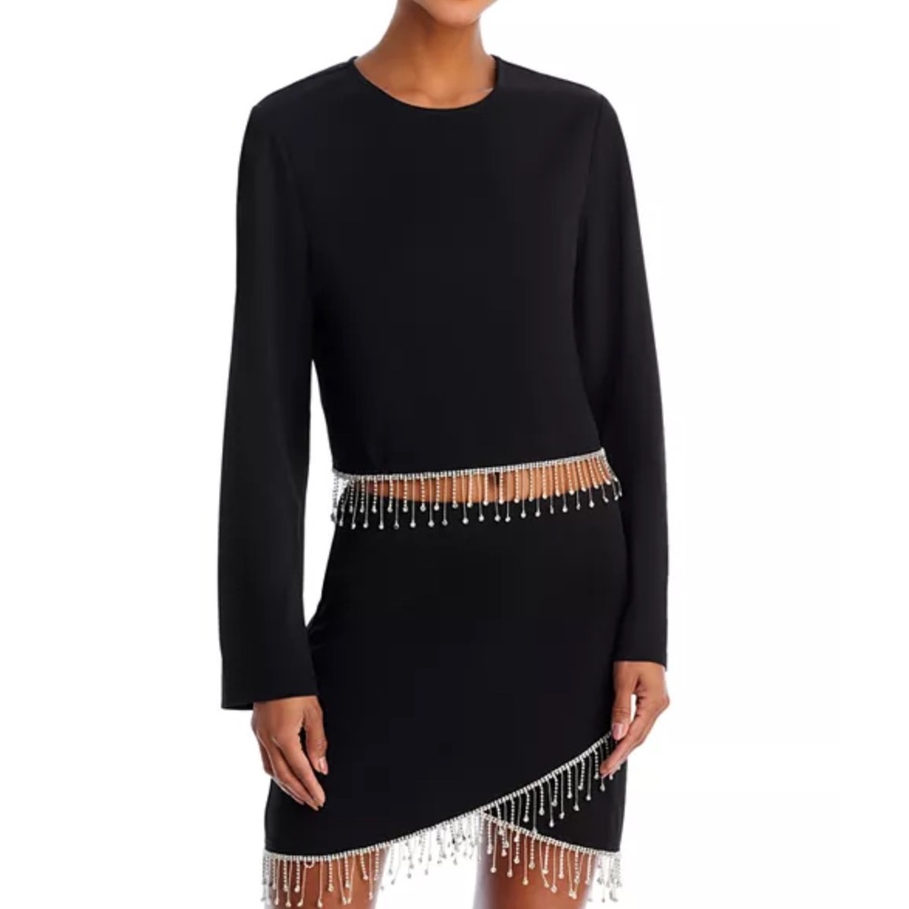 Aqua Black Long Sleeve Rhinestone Fringe Crop Top‎ Womens XS